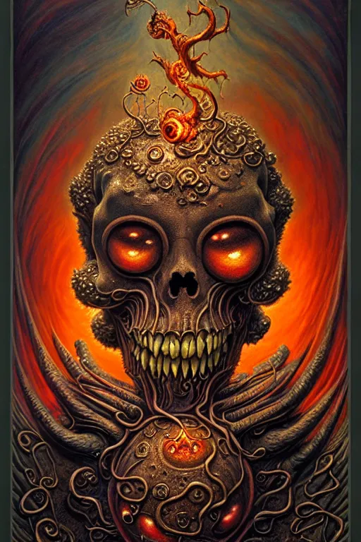 Image similar to A beautiful detailed grotesque monster super cute tarot card, by tomasz alen kopera and Justin Gerard, symmetrical features, ominous, magical realism, texture, intricate, ornate, royally decorated, skull, skeleton, whirling smoke, embers, red adornements, red torn fabric, radiant colors, fantasy, trending on artstation, volumetric lighting, micro details, 3d sculpture, ray tracing, 8k, anaglyph effect, digital art