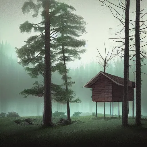 Image similar to “ swedish cabin in the forest next to the lake by simon stalenhag, misty morning, cinematic ”