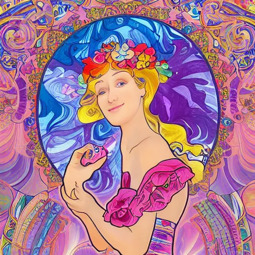 Image similar to a beautiful day, painted by lisa frank and alfons mucha collaboration