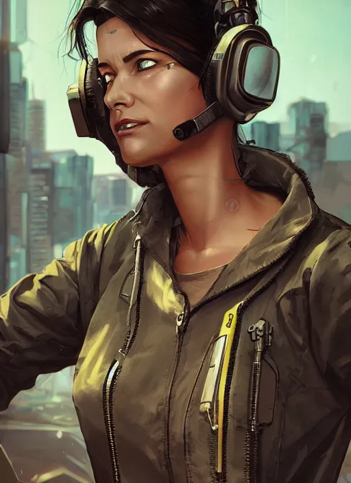 Prompt: Feminist Maria. Gorgeous female cyberpunk mechanic wearing a cyberpunk headset, military vest, and pilot jumpsuit. gorgeous face. Realistic Proportions. Concept art by James Gurney and Laurie Greasley. Moody Industrial skyline. ArtstationHQ. Creative character design for cyberpunk 2077.