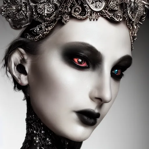 Image similar to a beautiful portrait of female by stefan geselle and nekro borja, photorealistic, intricate details, hyper realistic, dark fantasy, ornate headpiece, dark beauty, photorealistic, canon r 3, photography, wide shot, photography, dark beauty, fashion