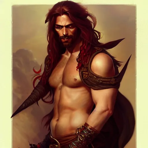 Image similar to full body shot of male pirate, D&D, handsome, amber eyes, muscular, fantasy, intricate, long hair, red hair, elegant, highly detailed, digital painting, artstation, concept art, smooth, sharp focus, illustration, art by artgerm and greg rutkowski and alphonse mucha