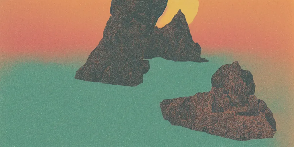 Prompt: a hammock under the stars next to an impossible rock formation, 1940s faded risograph print, illustration, limited color palette, earthtones, double-exposure, astrophotography