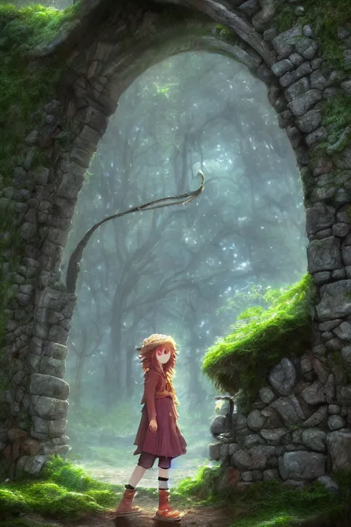 Image similar to a highly detailed matte painting of a teenager with shaggy hair and hip clothes standing in front of a stone gate in the elven forest ruins, by studio ghibli, by artgerm, by wlop, by greg rutkowski, red tones, volumetric lighting, octane render, 4 k resolution, trending on artstation, masterpiece