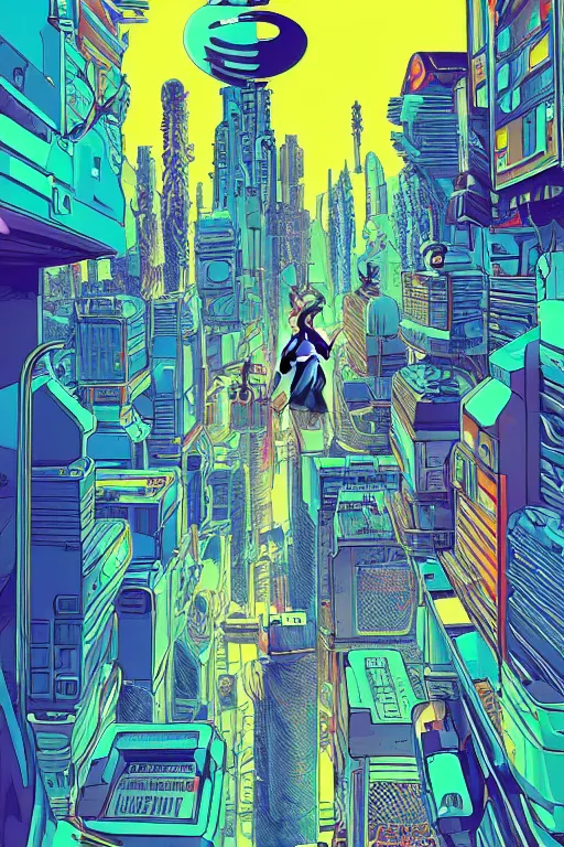 Image similar to astronaut cyberpunk surreal upside down city, neon lights, sharp edges, flat colors, cell shaded by moebius, Jean Giraud, trending on artstation