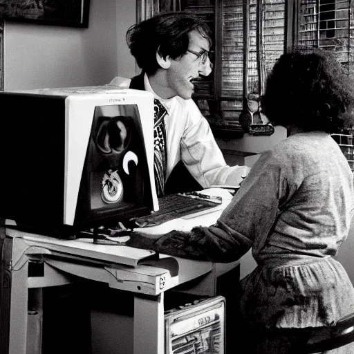 Image similar to a black and white photograph of a computer in love, by robert crumb, by jim henson, high contrast, soft lighting, surreal, film photography