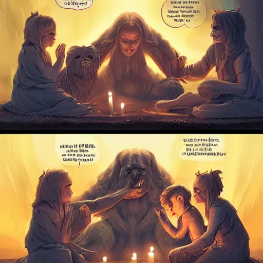 Image similar to acolytes using demonic candle lit summoning circle to summon a puppy by magali villeneuve and by wlop