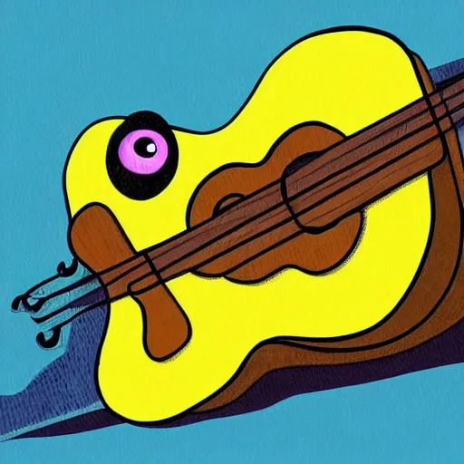 Prompt: cute frog playing on guitar, digital art, blue background, modern