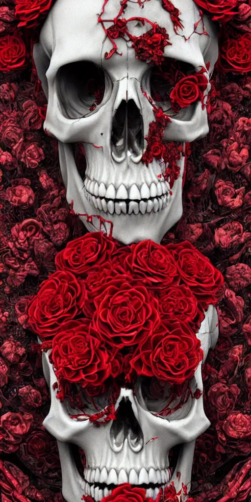 Image similar to skull made of red roses, organic horror, devil, death, giger, epic, baroque, art nouveau, james jean, photorealistic render, 3 ds max + v - ray, extremely detailed and intricate, center composition, elegant, vfx, unreal engine 5, octane render, extremely contrast, extremely sharp lines