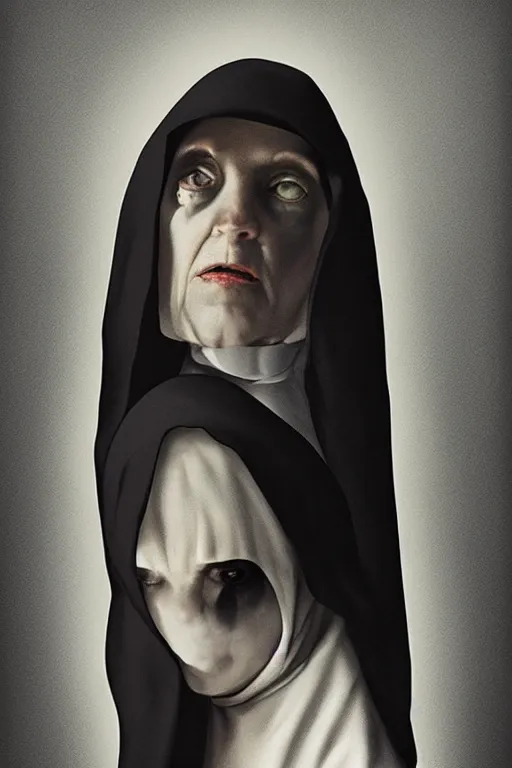 Image similar to portrait, digital painting, an evil old killer nun, black habit, realistic, hyperdetailed, spooky, chiaroscuro, backlit, black background, concept art, art by vermeer