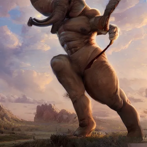 Image similar to a commission of a muscular athropomorphic half human half elephant,digital art,art by greg rutkowski,charles bowater,ross tran,hyperdetailed,detailed face,photorealistic,professional lightimg,dramatic,cool,award winning,2022,victorian,trevor henderson