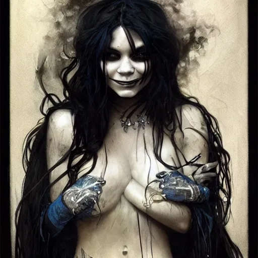 Image similar to beautiful portrait of vanessa hudgens as death from sandman, smiling, by cedric peyravernay, alphonse mucha, by jeremy mann, by lecouffe deharme, goth chic, soft lightning, eyeliner, punk rock, high detailed, 8 k