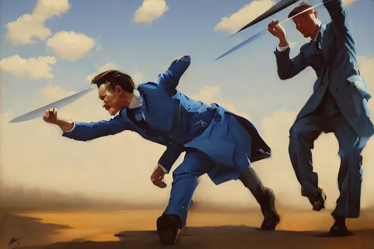 Image similar to greg manchess portrait of throwing knives at a man in a blue suit, profile picture, organic painting, sunny day, matte painting, bold shapes, hard edges, street art, trending on artstation, by huang guangjian, gil elvgren, ruan jia, randy vargas, greg rutkowski