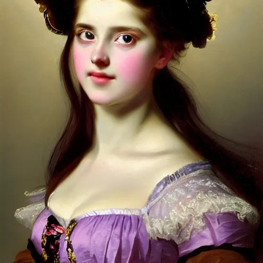 Image similar to portrait of a german teenage princess, circa 1 8 5 0 by franz xaver winterhalter, highly detailed, beautiful, oil on canvas, 1 8 5 0 s, romanticism