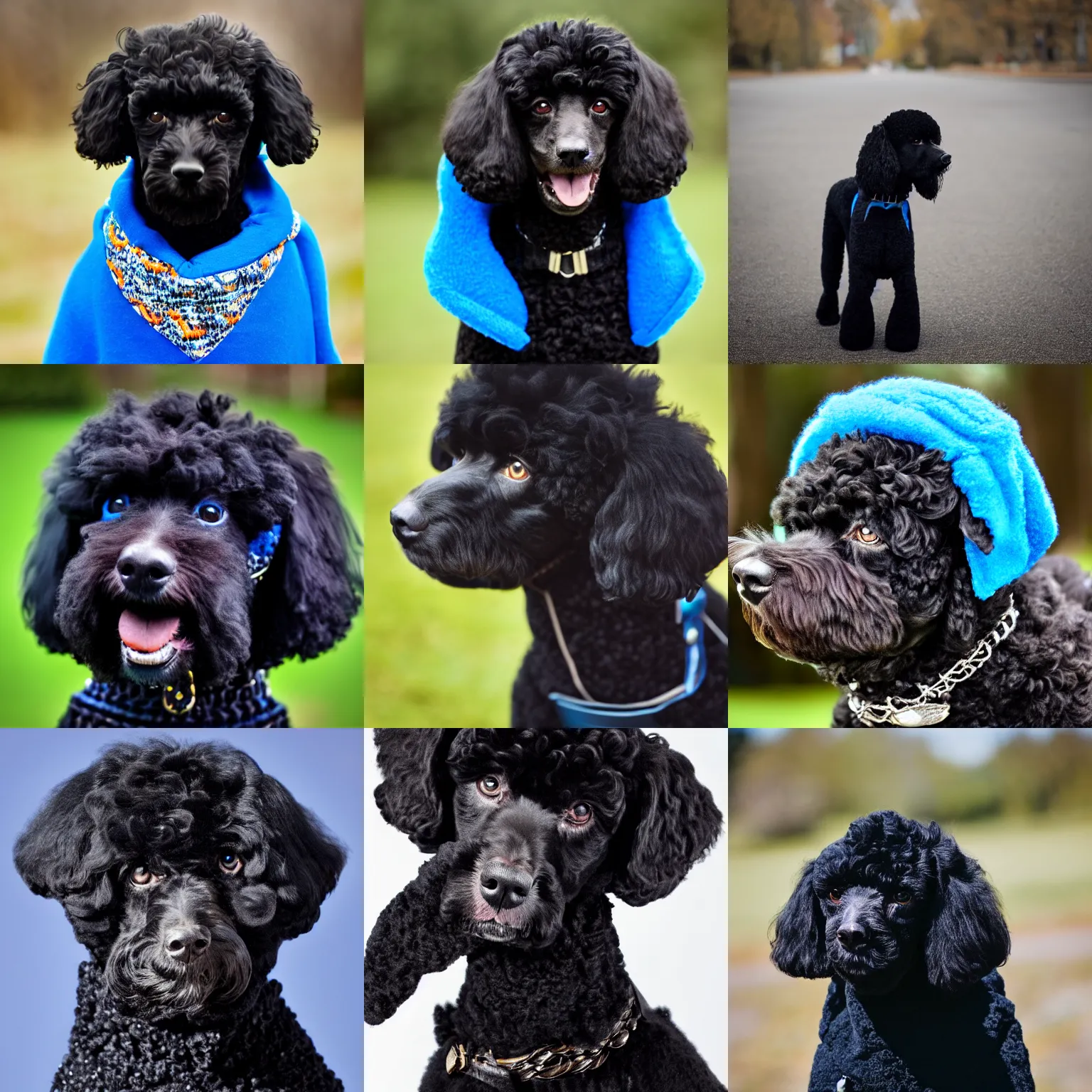 Prompt: HD photograph of a black poodle wearing a blue oodie