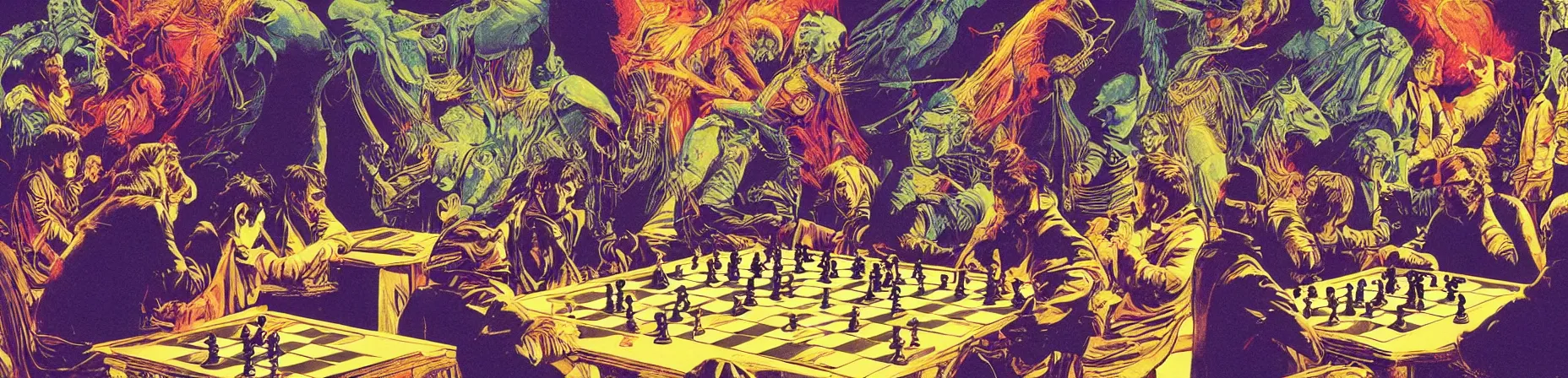 Image similar to chess tournament, psychedelic grainshading print, moebius, richard corben, wayne barlowe, galactic light colors