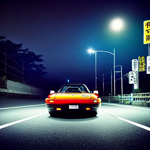 Prompt: a car Mazda RX7 in middle of road, gunma prefecture, night city, cinematic color, photorealistic, highly detailed