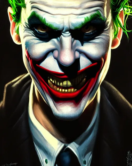 Image similar to character portrait of the joker | | realistic shaded, unpleasant face, bad looking, fine details, realistic shaded lighting poster by greg rutkowski, magali villeneuve, artgerm, jeremy lipkin and michael garmash and rob rey