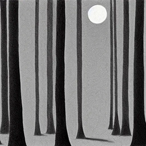 Prompt: charcoal drawing of rows of trees at night, the moon is seen between the trees, a cat stands on the forest floor, illustrated by chris van allsburg, illustration, masterful, volumetric light, subdued, subtle, greyscale