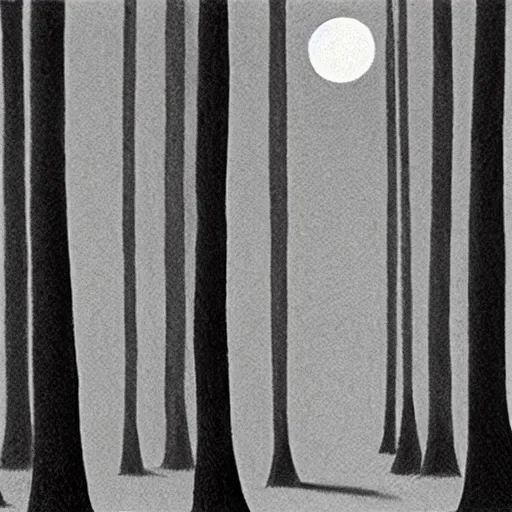 Image similar to charcoal drawing of rows of trees at night, the moon is seen between the trees, a cat stands on the forest floor, illustrated by chris van allsburg, illustration, masterful, volumetric light, subdued, subtle, greyscale