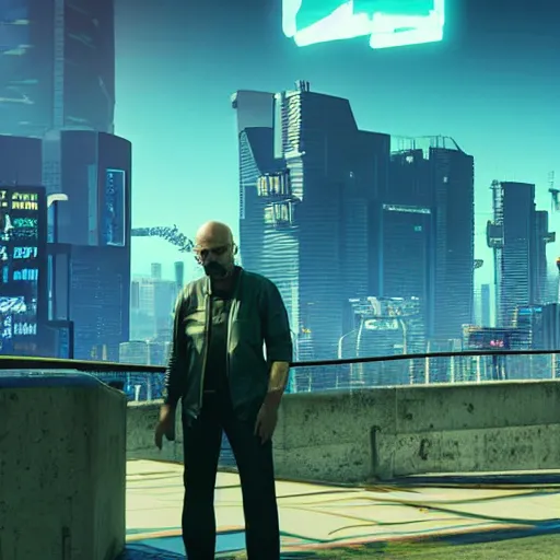 Prompt: walter white from breaking bad in cyberpunk 2 0 7 7 with futuristic city, 4 k, hyper realistic, synthwave, vapor wave, futuristic, advanced