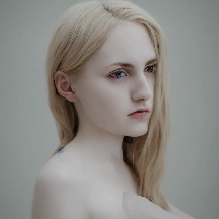 Image similar to cute annie leonhart in a white room, beautiful face, pale skin, rule of thirds, cinematic lighting, rainy weather, melancholy atmosphere, sharp focus, backlit, stunning, model agency, smooth, hard focus, full body shot, instagram photo, shot on sony a 7 iii, hyper realistic,