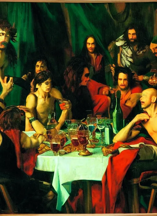 Prompt: glam rocker drinking brutal and raw wine bacchanals with his friends, inside a green room with red lights, renaissance painting, greg rutkowski, alberto mielgo, joaquin sorolla, greek style