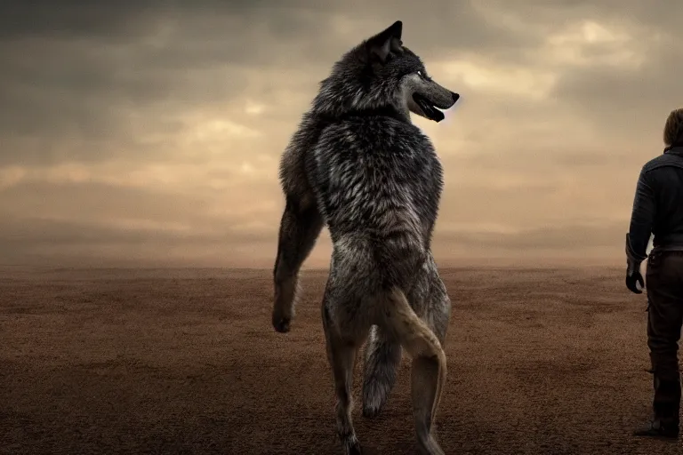 Image similar to the back of a man, facing a angry wolf, stand - off, muted colors, 8 k, depth of field, cinematic, hyperrealistic, movie still frame, promotional image, imax 7 0 mm footage