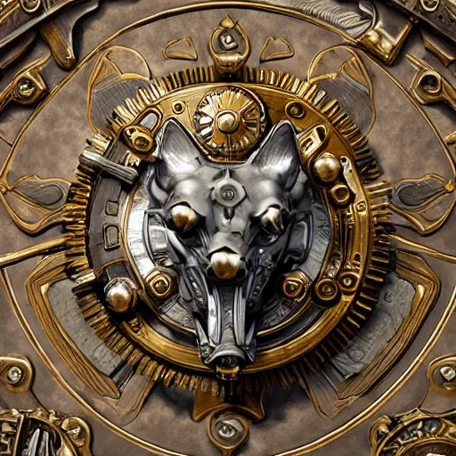 Image similar to A steampunk ornate wolf made of engraved full plate armor and gears, Macro shot by Justin Gerard, unreal engine, physically based rendering