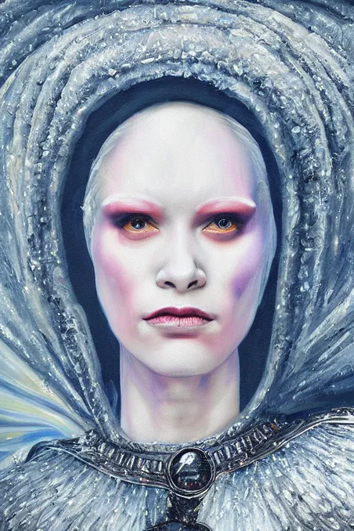 Image similar to hyperrealism oil painting, close - up portrait of albino queen medieval fashion model, knight, steel gradient mixed with nebula sky, in style of baroque