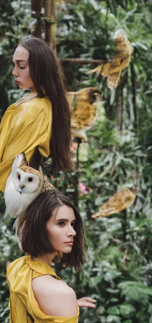 Image similar to head to shoulder portrait film photograph of an elegant top model wearing a yellow kimono with a very detailed barn owl on her shoulder!!! in a tropical greenhouse. looking at the camera!!. super resolution. 85 mm f1.8 lens.bokeh. graflex. by Alessio albi !