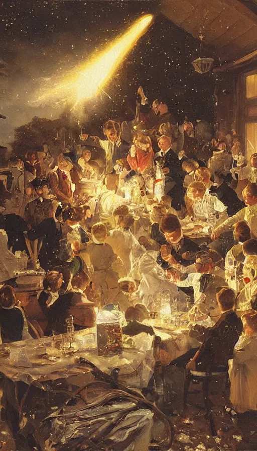 Prompt: painting of meteor crashing into birthday party, by Peder Krøyer, dramatic lighting, golden hour, epic, intricate detail, canvas print