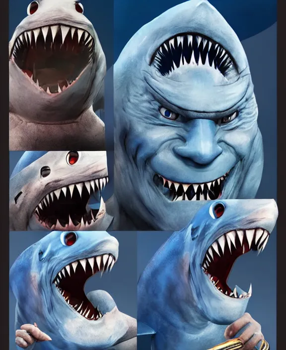 Image similar to joe biden nightmare fuel, shark man, shark costume, shark fin, sharp teeth, big smile, blue skin, ( ( claymation ) ), iridescent accents, by simon stalenberg by and artgerm