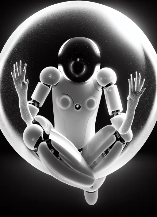 Image similar to black and white lithography of a young beautiful delicate translucent luminous cyborg - robot giving birth to the new world in a bubble, inspired by michelangelo, spiritual, halo, glory, rim light, cinematic, studio dramatic light, poetic, surreal mythical dreamy dark artistic masterpiece, octane render, 8 k, photo