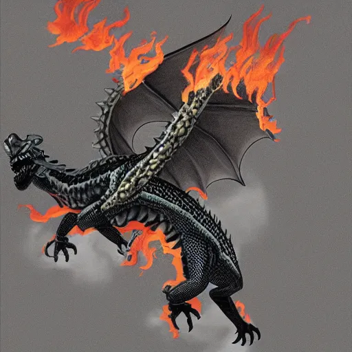 Image similar to “ a large black-scaled dragon flying and breathing fire downward”