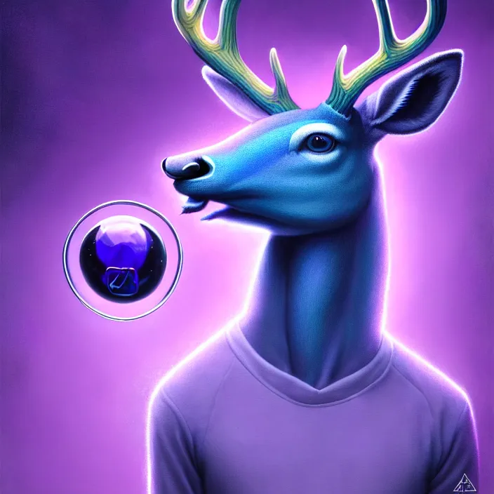 Image similar to an anthropomorphic male blue deer wearing a violet tracksuit blowing a bubble, by alex grey and greg rutkowski, intricate details, artstation, psychedelic, hd, beautiful