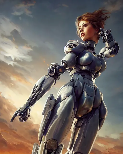 Image similar to daniel gerhartz and artgerm full portrait digital rococo painting of a beautiful serious woman wearing a mecha suit, war torn battlefield in the background, glinting sunlight, unreal engine, hyper realism, realistic shading, cinematic composition, blender render, octane render, hdr, detailed textures, photorealistic, wide shot, 3 5 mm film