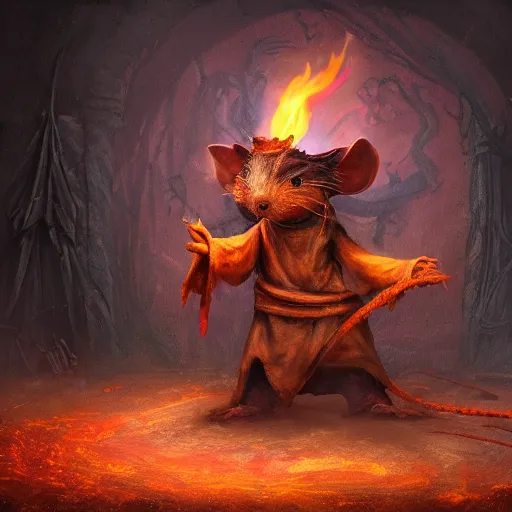 Image similar to fantasy painting of a ghostly rat sorcerer with glowing red eyes, wearing tattered black burlap robes, floating in mist, clutching a blue flame in each hand, anthropomorphic rat, skaven, master splinter, nicodemus, photorealistic, artstation