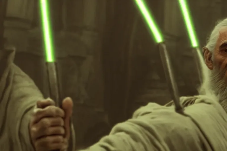 Prompt: Still of Henry Cavill as old Count Dooku, fighting yoda, cinematic light, 4K