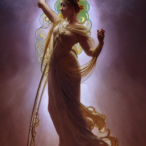 Image similar to a stunning dynamic pose full body of a celestial goddess of the ethereal cosmos, intricate, 8k highly professionally detailed, hdr, CGSociety, dark fantasy, dynamic lighting, cinematic, pristine, smooth, cosplay, elegant, sharp focus, art by alphonse mucha and greg rutkowski,