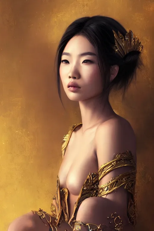 Image similar to portrait of a beautiful young asian woman with shoulder length hair and strong facial bone structure, queen and ruler of the universe, sitting on her throne, men kneeling at her feet, painting by ross tran