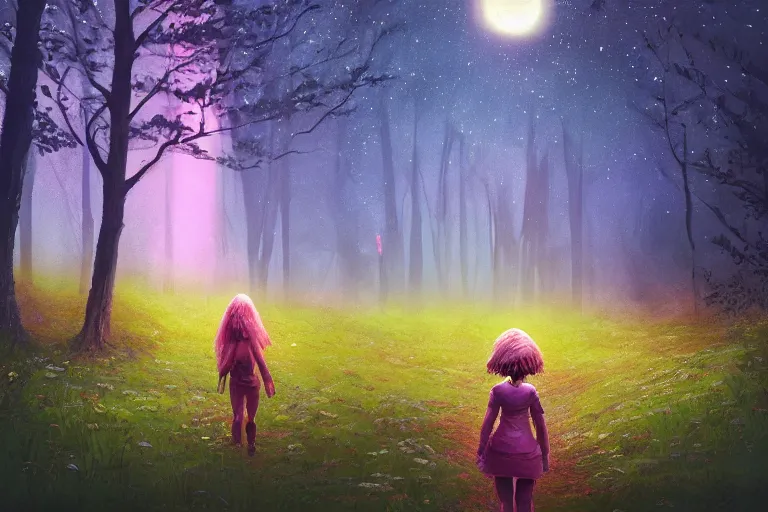 Image similar to giant daisy flower as face, girl walking in forest, surreal photography, dark night, stars, moon light, impressionist painting, clouds, digital painting, artstation, simon stalenhag