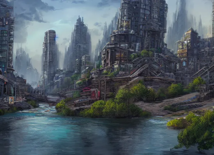 Image similar to wide shot, establishing shot of a modern day dungeons and dragons city with a river, trending on artstation, digital art, 4 k, 8 k