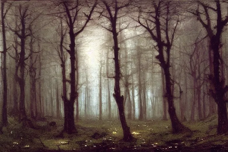 Prompt: dark and spooky painting of a forest dimly lit at night with tiny purple morning glory flowers trailing at the base of trees. foggy cinematic volumetric darkness, muted colour palette, detailed oil painting on canvas john william waterhouse, john everett millais