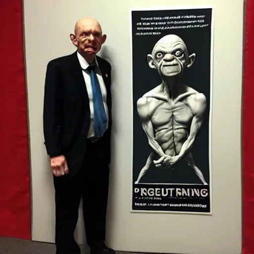 Image similar to president gollum standing in front of a poster with an image of the one ring