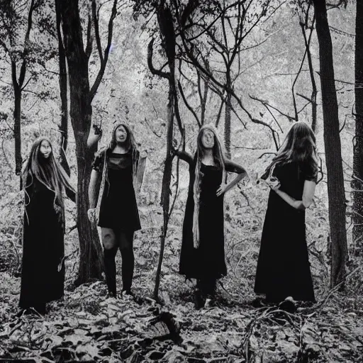 Image similar to occult gathering of witches in the forest. spirits rising from the earth as they chant. black and white distressed found footage