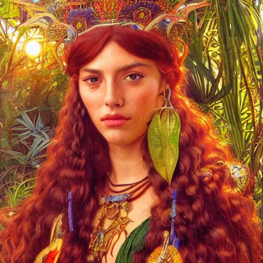 Image similar to portrait of a beautiful alluring female aztec queen in a dense jungle at sunset, detailed, centered, digital painting, artstation, concept art, donato giancola, Dante Gabriel Rossetti, alphonse mucha, Joseph Farquharson, Joseph Christian Leyendecker, WLOP, Boris Vallejo, Breathtaking, 8k resolution, extremely detailed, beautiful, establishing shot, artistic, hyperrealistic, beautiful face, octane render