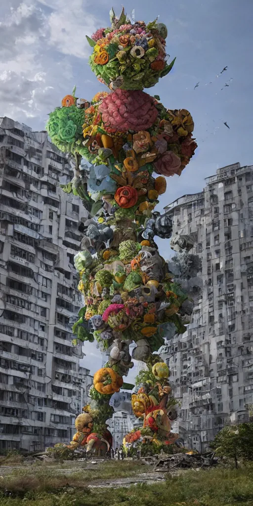 Image similar to giant grotesque flower in the middle of abandoned post soviet constructivist cityscape, Stalinist architecture, ultradetailed by Hayao Miyazaki and Josan Gonzalez and Makoto Shinkai and Giuseppe Arcimboldo