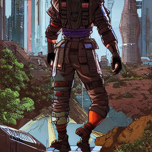 Image similar to Gregory. Apex legends cyberpunk kickboxer. Concept art by James Gurney and Mœbius.