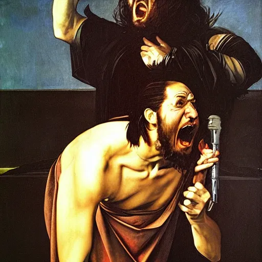 Image similar to metalhead singing dramatically, heavy metal, gothic, oil painging by caravaggio and alan lee